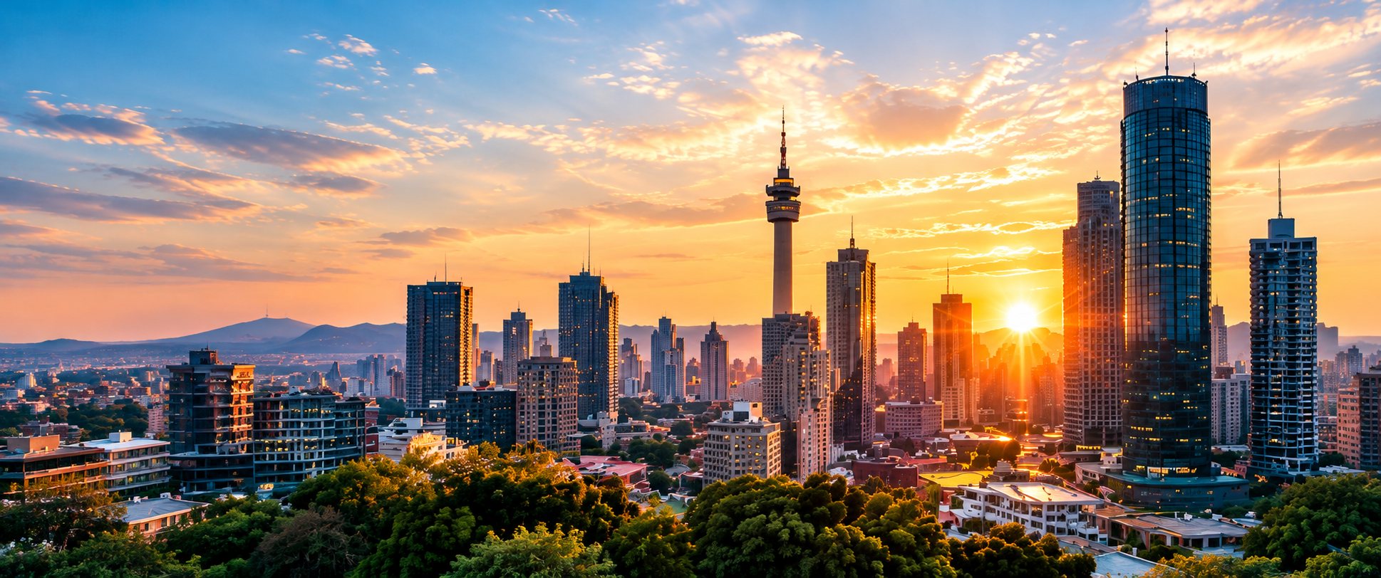 Johannesburg skyline at sunset, with the Hillbrow Tower